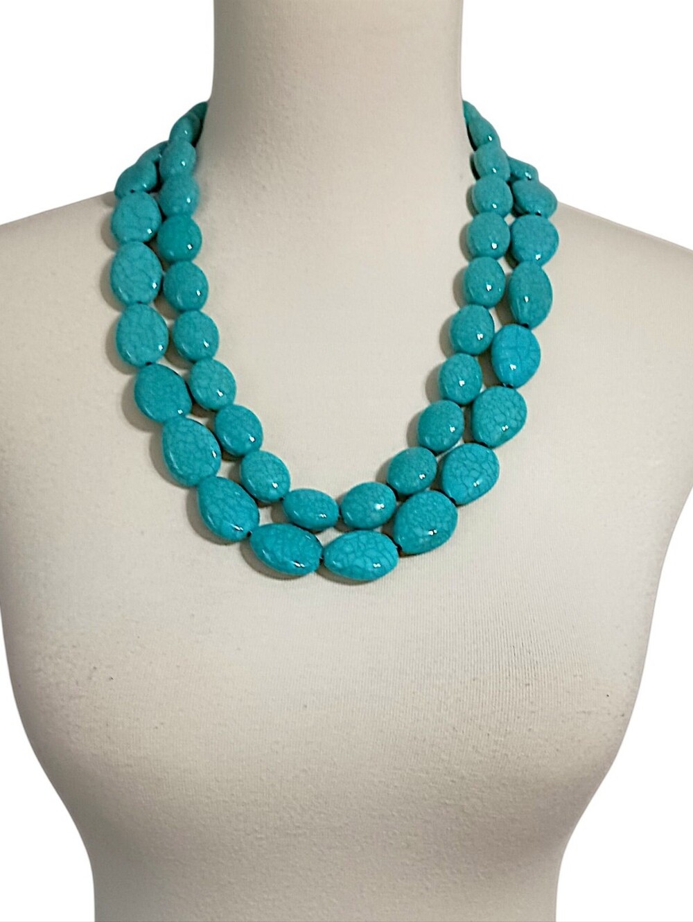 Chunky Faux Turquoise Beaded Necklace Double Strand Oval Nugget Boho Statement